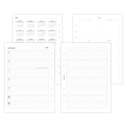 pen & pages® Kalender 2026 "Kariert Familienkalender" 1 Woche auf 2 Seiten DIN A5 Kalendereinlage für Ringbuch mit DACH Feiertagen Jahresübersicht 6 fach Lochung von pen & pages