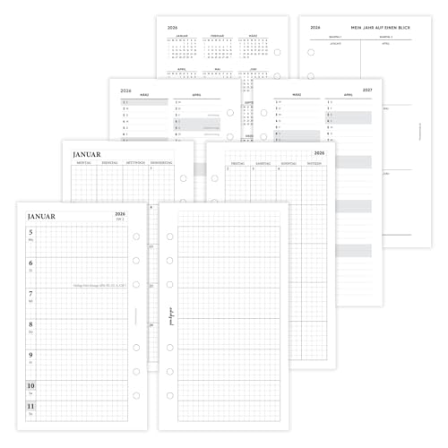 pen & pages® Kalender 2026 "Kariert Familienkalender" 1 Woche auf 2 Seiten Personal 9,5 x 17,1 cm Einlage für Ringbuch mit Monatsübersicht Jahresübersicht DACH Feiertagen 6 fach Lochung (All-in-One) von pen & pages