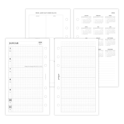 pen & pages® Kalender 2026 "Kariert Familienkalender" 1 Woche auf 2 Seiten Personal 9,5 x 17,1 cm Kalendereinlage für Ringbuch mit DACH Feiertagen Jahresübersicht 6 fach Lochung von pen & pages