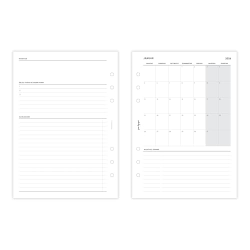 pen & pages® Kalender 2026 "Monat auf einen Blick" datiert DIN A5 Kalendereinlage für Ringbuch mit Fokus Zielen Todos Terminübersicht DACH Feiertagen Jahresübersicht 6 fach Lochung von pen & pages