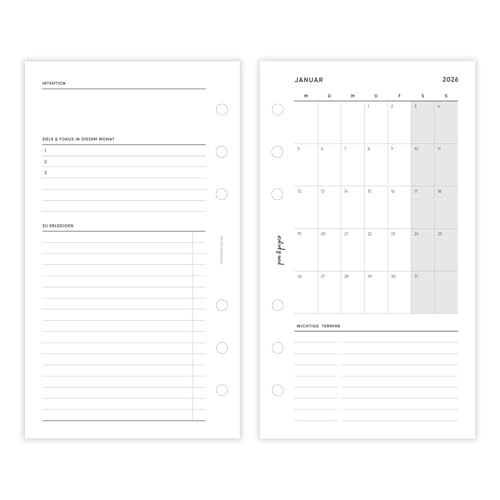 pen & pages® Kalender 2026 "Monat auf einen Blick" datiert Personal 9,5 x 17,1 cm Kalendereinlage für Ringbuch mit Fokus Zielen Todos Terminübersicht DACH Feiertagen Jahresübersicht 6 fach Lochung von pen & pages