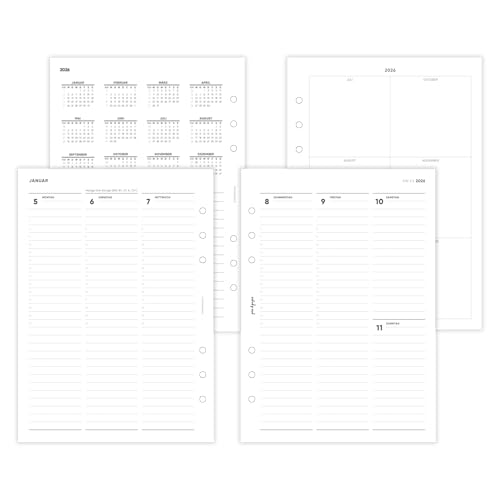 pen & pages® Kalender 2026 "Spalten mit Uhrzeiten" 1 Woche auf 2 Seiten DIN A5 Kalendereinlage für Ringbuch mit DACH Feiertagen Jahresübersicht 6 fach Lochung von pen & pages
