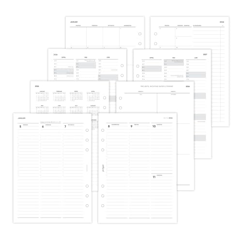 pen & pages® Kalender 2026 "Spalten mit Uhrzeiten" 1 Woche auf 2 Seiten DIN A5 Kalendereinlage für Ringbuch mit Monatsübersicht Jahresübersicht DACH Feiertagen 6 fach Lochung (All-in-One) von pen & pages