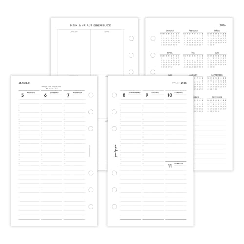 pen & pages® Kalender 2026 "Spalten mit Uhrzeiten" 1 Woche auf 2 Seiten Personal 9,5 x 17,1 cm Kalendereinlage für Ringbuch mit DACH Feiertagen Jahresübersicht 6 fach Lochung von pen & pages
