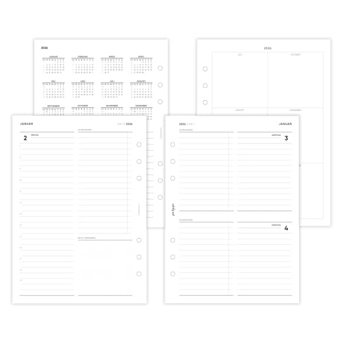 pen & pages® Kalender 2026 "Tagesplan" 1 Tag pro Seite DIN A5 Kalendereinlage für Ringbuch mit Zeiten ToDo Notizen DACH Feiertagen Jahresübersicht 6 fach Lochung von pen & pages