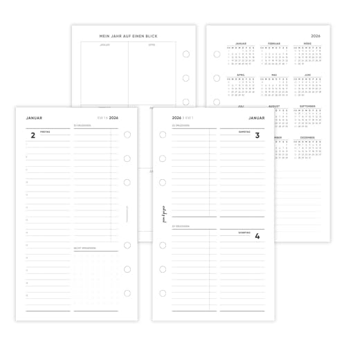 pen & pages® Kalender 2026 "Tagesplan" 1 Tag pro Seite Personal 9,5 x 17,1 cm Kalendereinlage für Ringbuch mit Zeiten ToDo Notizen DACH Feiertagen Jahresübersicht 6 fach Lochung von pen & pages