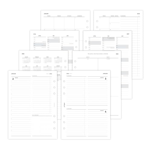 pen & pages® Kalender 2026 "Tagesplan" 1 Woche auf 2 Seiten DIN A5 Kalendereinlage für Ringbuch mit Monatsübersicht Jahresübersicht DACH Feiertagen 6 fach Lochung (All-in-One) von pen & pages