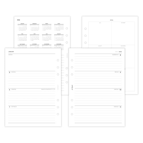 pen & pages® Kalender 2026 "Zeilen liniert" 1 Woche auf 2 Seiten DIN A5 Kalendereinlage für Ringbuch mit DACH Feiertagen und Jahresübersicht 6 fach Lochung mit Notizfeld von pen & pages