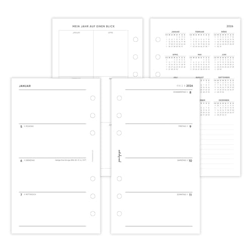 pen & pages® Kalender 2026 "Zeilen unliniert" 1 Woche auf 2 Seiten Personal 9,5 x 17,1 cm Kalendereinlage für Ringbuch mit DACH Feiertagen und Jahresübersicht 6 fach Lochung zusätzliche Notizen von pen & pages