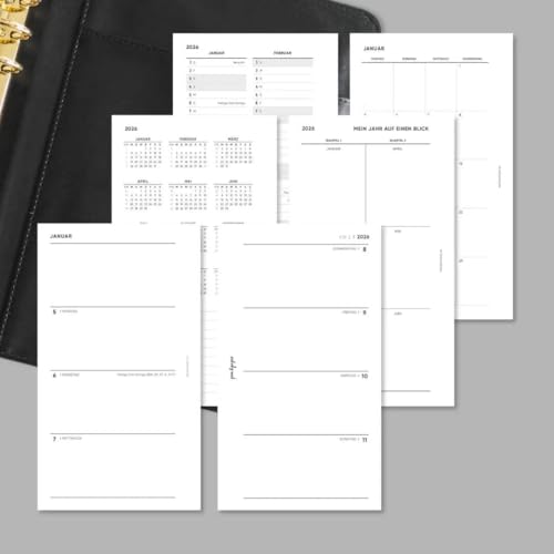 pen & pages® Kalender 2026 "Zeilen unliniert" 1 Woche auf 2 Seiten Personal 9,5 x 17,1 cm Kalendereinlage für Ringbuch mit Monatsübersicht Jahresübersicht DACH Feiertagen 6 fach Lochung (All-in-One) von pen & pages