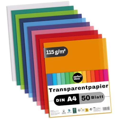 perfect ideaz - 50 Blatt Transparent-Papier DIN-A4-10 Farben, 115 g/m², Tracing-Paper - FSC® zertifiziert, säurefrei von perfect ideaz