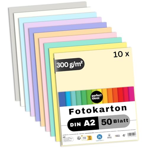 perfect ideaz - 500 Blatt Fotokarton DIN-A2, 10 Farben, stabiler recycling Karton 300 g/m², Made in Germany, Blauer Engel zertifiziert von perfect ideaz