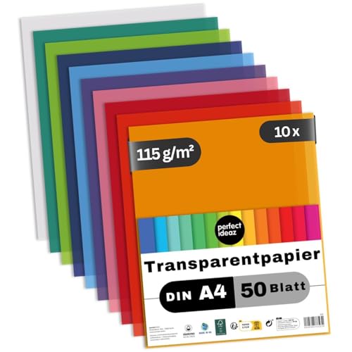perfect ideaz - 500 Blatt Transparent-Papier DIN-A4-10 Farben, 115 g/m², Tracing-Paper - FSC® zertifiziert, säurefrei (10 Sets á 50 Blatt) von perfect ideaz