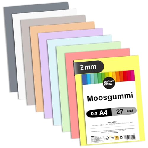 perfect ideaz - Moosgummi DIN-A4, 27 Blatt, 29,7 x 21 cm (2 mm dick), farbiges Bastelmaterial für Kinder, Top Qualität (Pastell) von perfect ideaz