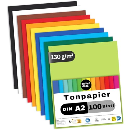 perfect ideaz - Tonpapier DIN A2 – 100 Blatt, 10 kräftige Farben, 130 g/m², voll durchgefärbt & lichtbeständig, Blauer Engel zertifiziert, Made in Germany – Bastelkarton für Schule, Hobby & DIY von perfect ideaz