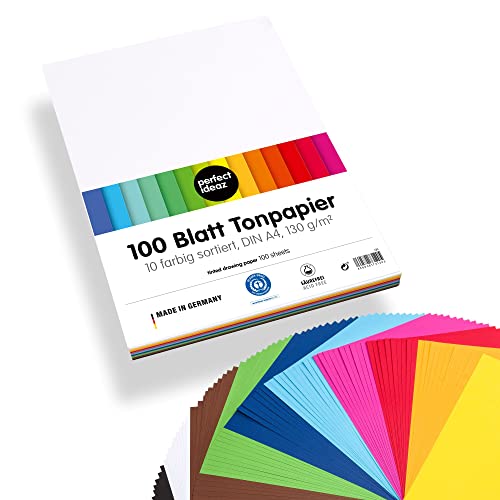 perfect ideaz • 100 Blatt Tonpapier DIN-A4, 10 Farben, 130 g/m², MADE IN GERMANY von perfect ideaz