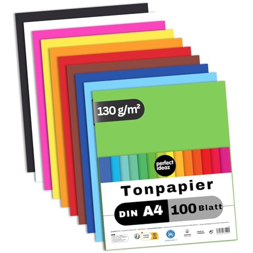 perfect ideaz - 100 Blatt Tonpapier DIN-A4, 10 Farben, 130 g/m², Made in Germany, Blauer Engel zertifiziert von perfect ideaz
