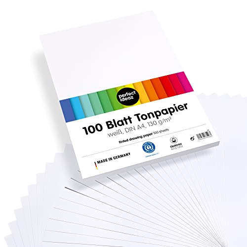 perfect ideaz • 100 Blatt Tonpapier DIN-A4, Weiß, 130 g/m², MADE IN GERMANY, Blauer Engel zertifiziert von perfect ideaz