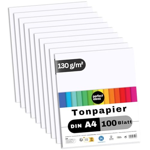 perfect ideaz • 100 Blatt Tonpapier DIN-A4, Weiß, 130 g/m², MADE IN GERMANY, Blauer Engel zertifiziert von perfect ideaz