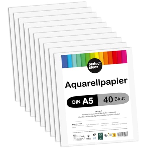 perfect ideaz • 40 Blatt Aquarellpapier DIN-A5, 290 g/m², Watercolor Paper säurefrei, Aquarell-Karton FSC® zertifiziert von perfect ideaz