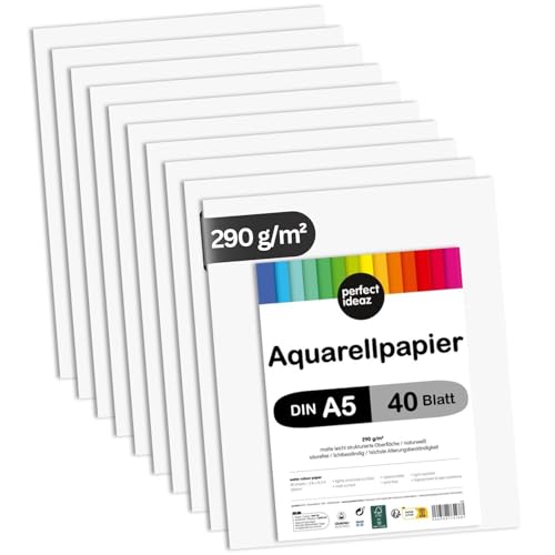 perfect ideaz - 40 Blatt Aquarellpapier DIN-A5, 290 g/m², Watercolor Paper säurefrei, Aquarell-Karton FSC® zertifiziert von perfect ideaz