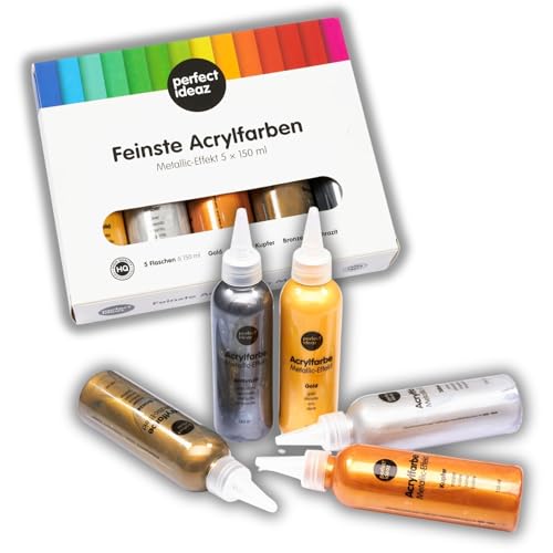 perfect ideaz 5 x 150 ml Acrylfarbe Metallic, 5 Farben, hochdeckend, auf Wasserbasis von perfect ideaz