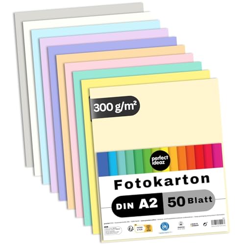 perfect ideaz 50 Blatt Fotokarton DIN-A2, 10 Farben, stabiler recycling Karton 300 g/m², Made in Germany, Blauer Engel zertifiziert von perfect ideaz