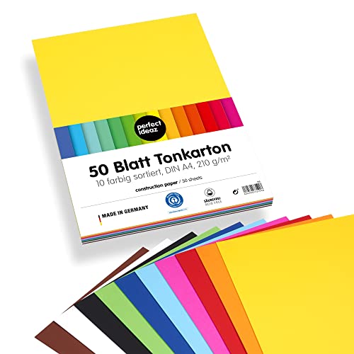 perfect ideaz • 50 Blatt Tonkarton DIN-A4, 10 Farben, 210g /m², MADE IN GERMANY von perfect ideaz