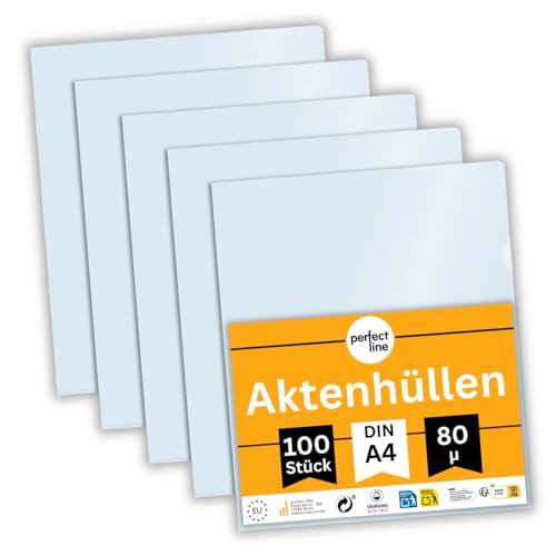perfect line - 100 Aktenhüllen DIN-A4-80 my, transparent, glasklar - dünn, leicht & platzsparend - Top Qualität - dokumentenecht, säurefrei von perfect line