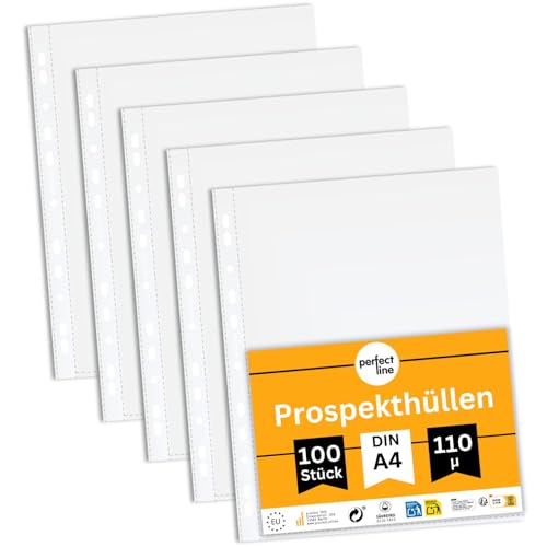 perfect line – 100 Prospekthüllen A4, extra stark (110 µ), genarbt, säurefrei, dokumentenecht, reißfest, oben offen, Klarsichthüllen, Made in EU von perfect line