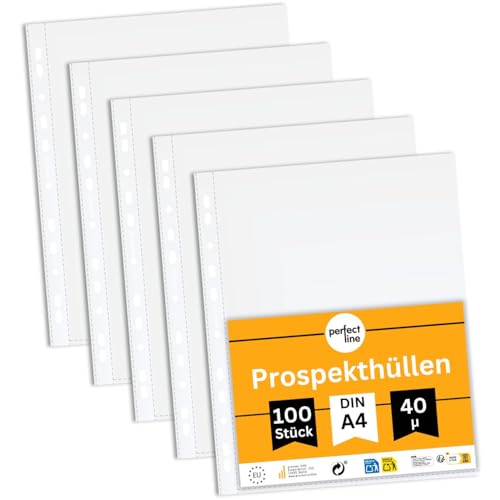 perfect line - 100 Prospekthüllen DIN-A4 - Klarsichtfolien transparent genarbt - Stärke 40 my - dünn, leicht, platzsparend - dokumentenecht, säurefrei perfect line - 100 Prospekthüllen DIN-A4 - Klarsichtfolien transparent genarbt - Stärke 40 my - dünn, leicht, platzsparend - dokumentenecht, säurefrei von perfect line