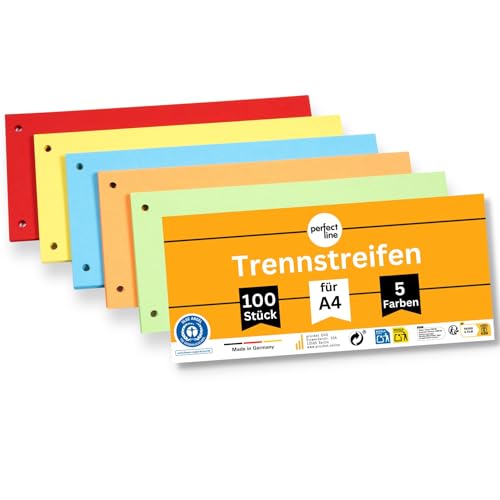 perfect line • 100 Trennstreifen für Ordner A4, Trennblätter aus Recycling-Karton, MADE IN GERMANY, 5 Farben, gelocht von perfect line