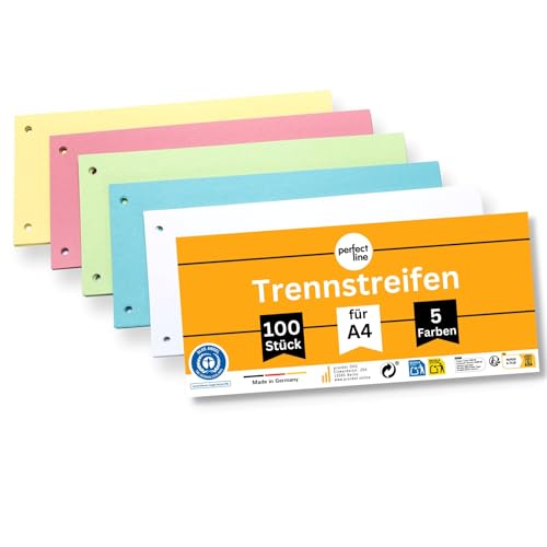 perfect line 100 Trennstreifen für Ordner A4, Trennblätter aus Recycling-Karton, MADE IN GERMANY, 5 Farben, gelocht (1 x 100 (100 Stk.)) von perfect line