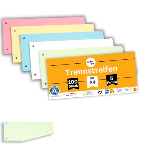 perfect line - 100 Trennstreifen für Ordner A4, Trennblätter aus Recycling-Karton, Trapez-Form, 5 Farben, 2 fach gelocht, Made in Germany, Blauer Engel zertifiziert perfect line - 100 Trennstreifen für Ordner A4, Trennblätter aus Recycling-Karton, Trapez-Form, 5 Farben, 2 fach gelocht, Made in Germany, Blauer Engel zertifiziert von perfect ideaz