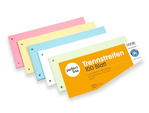 perfect line • 100 Trennstreifen für Ordner A4, Trennblätter aus Recycling-Karton, MADE IN GERMANY, 5 Farben, gelocht von perfect line