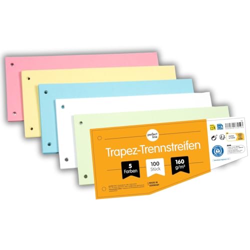 perfect line - 100 Trennstreifen für Ordner A4, Trennblätter aus Recycling-Karton, Trapez-Form, 5 Farben, 2 fach gelocht, Made in Germany, Blauer Engel zertifiziert von perfect ideaz