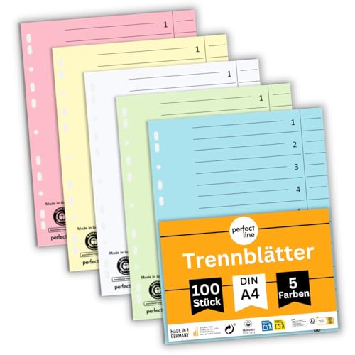 perfect line - 100 Trennblätter, 5 Pastell-Farben - stabiles Recycling-Papier, für DIN-A4 Ordner und Ringbücher - Blauer Engel zertifiziert, Made in Germany von perfect line