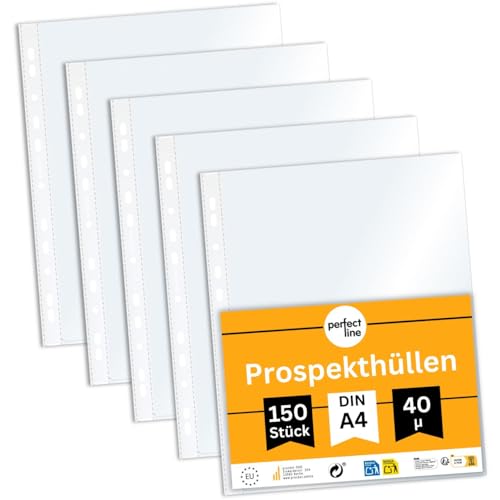 perfect line - 150 Prospekthüllen DIN A4 - Klarsichtfolien Glasklar - 40 my Stark - extra leicht, dünn, platzsparend - dokumentenecht, säurefrei von perfect line