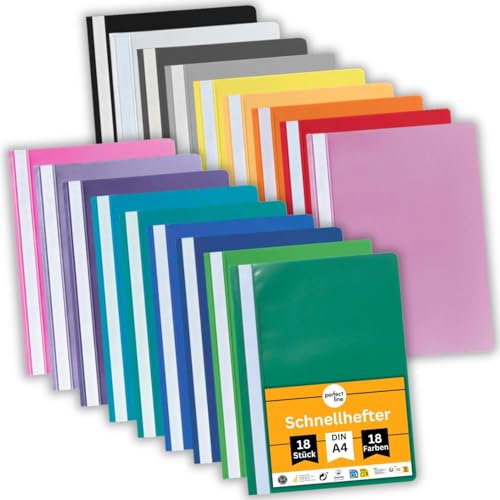 perfect line - 18 Schnellhefter (PP) DIN-A4, 18 Farben, recycelbarer Kunststoff (PP), mit Beschriftungsstreifen, kaufmännischer Heftung von perfect line