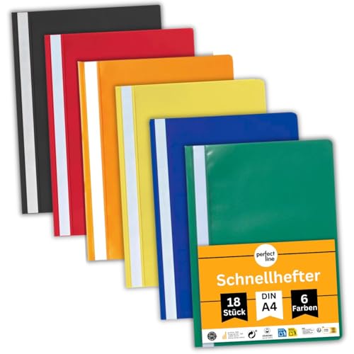 perfect line - 18 Schnellhefter (PP) DIN-A4, 6 Farben, recycelbarer Kunststoff (PP), mit Beschriftungsstreifen, kaufmännischer Heftung von perfect line