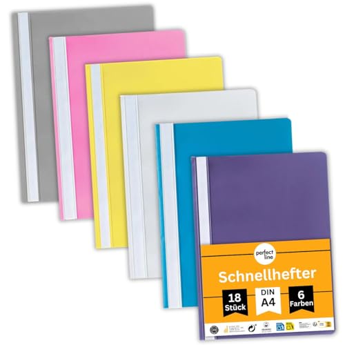 perfect line - 18 Schnellhefter (PP) DIN-A4, 6 Farben, recycelbarer Kunststoff (PP), mit Beschriftungsstreifen, kaufmännischer Heftung von perfect line