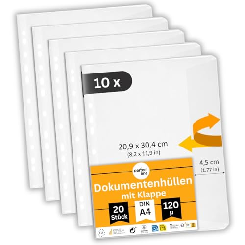 perfect line 200 Dokumentenhüllen DIN-A4 mit Klappe, Prospekthüllen seitlich offen, Klarsichtfolien genarbt, transparent, 10 Sets (10 x 20 Stk.) von perfect line