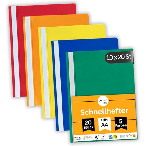 perfect line - 200 Schnellhefter (PP) DIN-A4, 5 Farben, recycelbarer Kunststoff, Made in Germany, (10 Sets á 20 Stk.) von perfect line