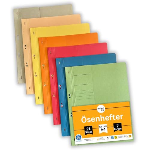 perfect line – 21x Ösenhefter DIN A4, 250 g/m² Recyclingkarton, 7 Farben je 3 Stück, ½ Vorderdeckel, Blauer Engel zertifiziert, umweltfreundlich, Made in Germany von perfect line