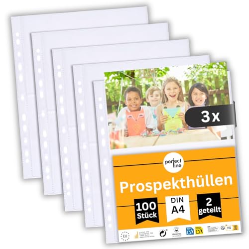 perfect line 300 Sammelhüllen 2-geteilt DIN-A4, Fotothüllen transparent, Prospekthüllen Glasklar, Klarsichtfolien Extra-Stark, dokumentenecht (3 x 100 (300 Stk.)) von perfect line