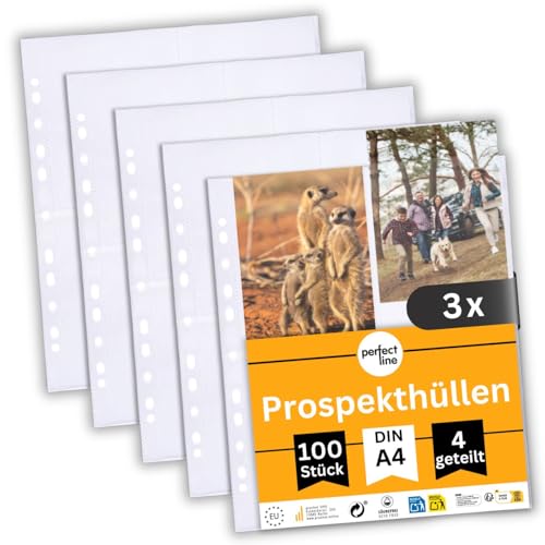 perfect line 300 Sammelhüllen DIN-A4, 4-geteilt, Fotohüllen transparent, Prospekthüllen Glasklar, 90 my Stark, dokumentenecht (3 x 100 (300 Stk.)) von perfect line