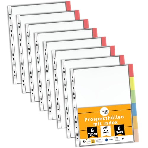 perfect line - 48 Prospekthüllen DIN-A4 mit Index - 8 x 6 Taben - Extra stark, transparent, Register-Hüllen Premium Qualität - farbige austauschbare Taben - dokumentenecht, säurefrei von perfect line