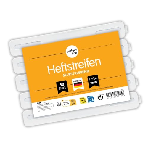 perfect line – 50 selbstklebende Heftstreifen aus PP (300 my Stark) - Weiß, 15 x 2 cm, extra schmal - optimal bis DIN A4 Unterlagen, starke Klebekraft, einfaches Anbringen - Made in Germany von perfect line