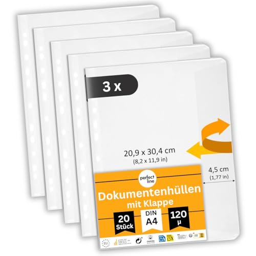 perfect line 60 Dokumentenhüllen DIN-A4 mit Klappe, Prospekthüllen seitlich offen, Klarsichtfolien genarbt, transparent, 3 Sets (3 x 20 Stk.) von perfect line
