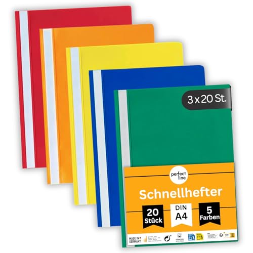 perfect line - 60 Schnellhefter (PP) DIN-A4, 5 Farben, recycelbarer Kunststoff, Made in Germany (3 Sets á 20 Stk.) von perfect line
